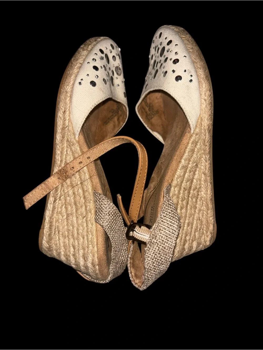 White Mountain Cream Espadrille Wedge Sandals with Rhinestone Accents